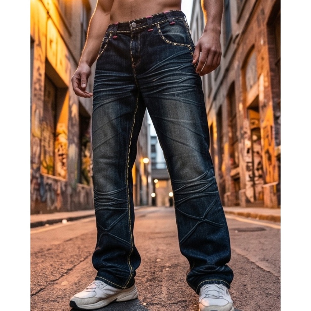 Fusai Mens 36x34 Blue Jeans 90s Hip Hop Contrast Stitch Studded Distressed Y2K